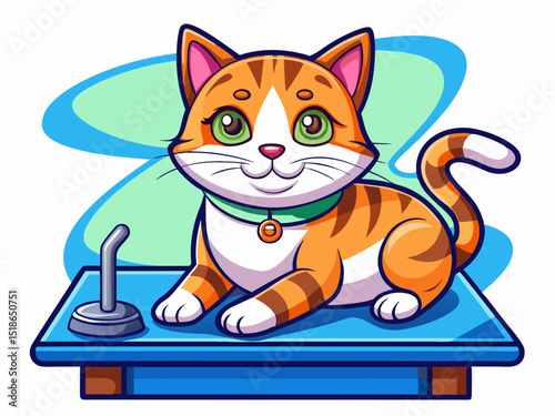 A vector of a cute cat lying on a vet examination table, isolated on a white background