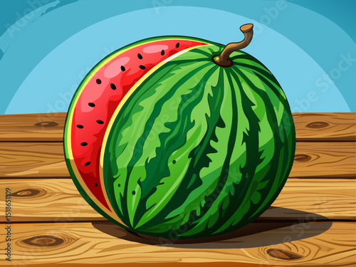 vector of Watermelon on white background, isolated on rustic wooden table