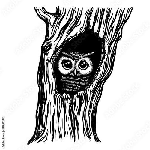 Cute owl peeking out from tree hollow, black and white illustration.