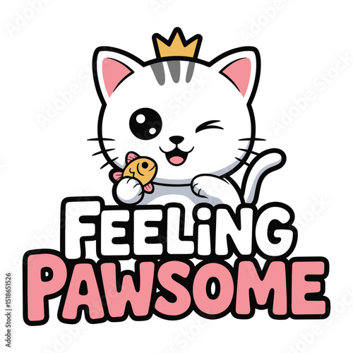 Feeling Pawsome White Cat Fish Crown T Shirt Design