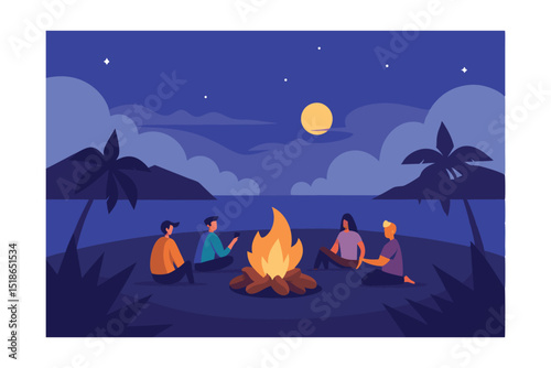 bonfire with friends gathered under twilight