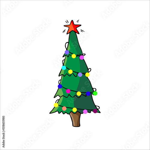 Vector color illustration of hand drawn New Year green tree with colorful festive balls