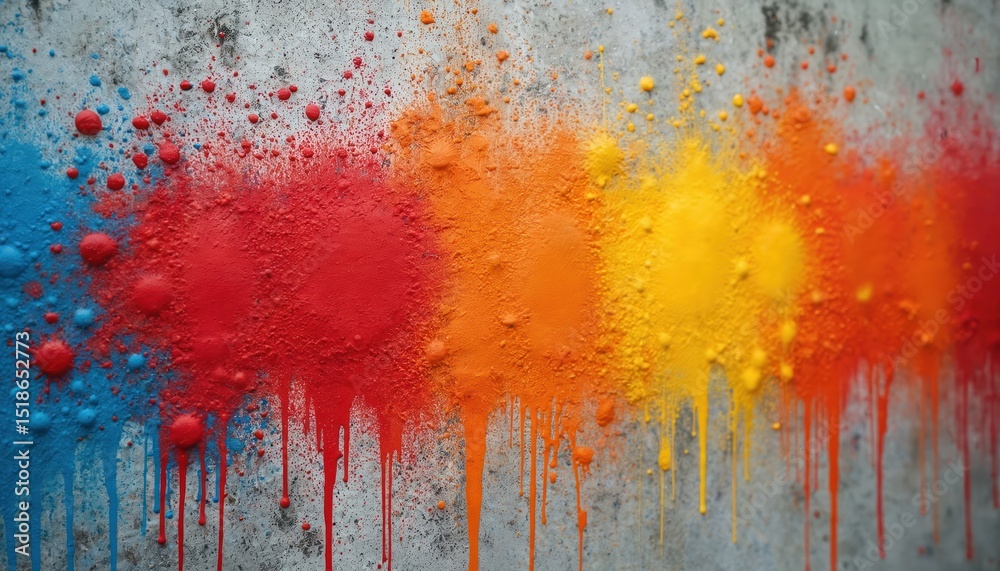 Fototapeta premium Colorful spray paint art on concrete wall. Vibrant abstract grunge design, street urban style. Artistic background with red, yellow, orange, blue colours. Graffiti texture, creative illustration.