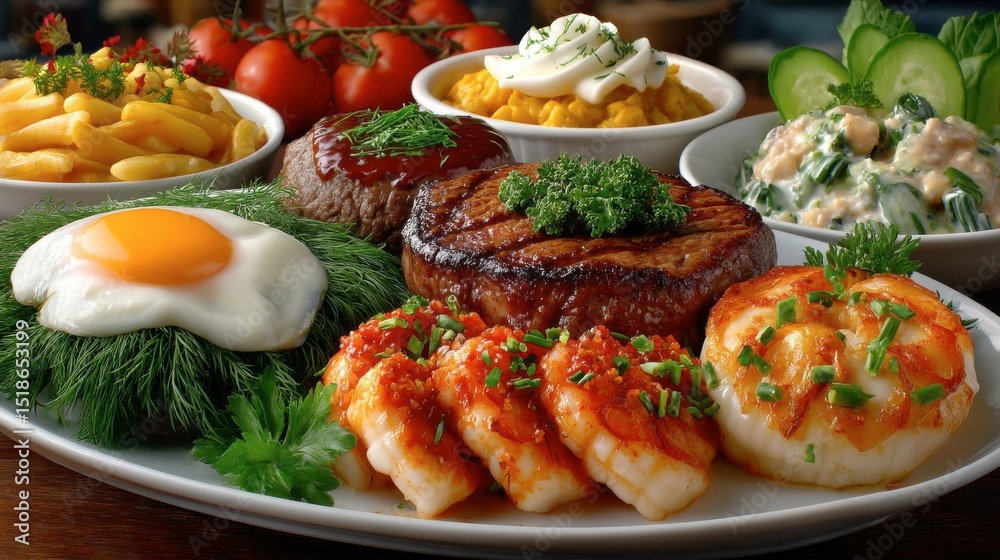 Assorted German-style cuisine with grilled meats, potatoes, salads, and garnishes on a large platter Assorted German-style cuisine with grilled meats, potatoes, salads, and garnishes on a large platter