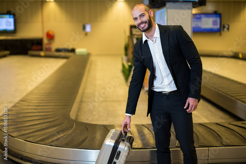 Mid adult man in suit retrieving silver suitcase from carousel at airport baggage claim, copy space