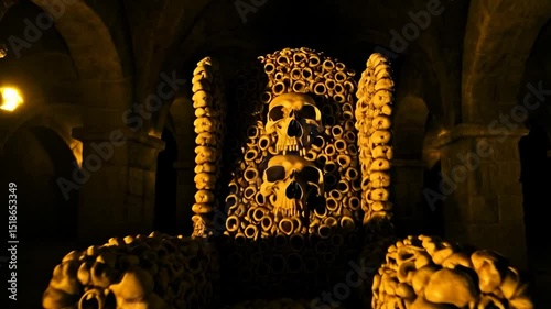 Ornate throne adorned with skulls in a dark crypt