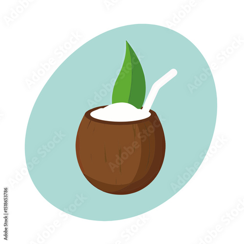 Coconut drink with straw and green leaf on a light blue background, refreshing tropical beverage concept of summer holidays, beach resorts, and tropical getaways