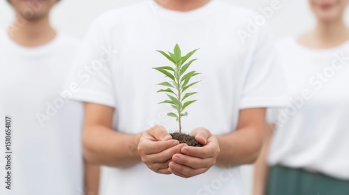 Group of individuals in white shirts holding a small green plant with soil, symbolizing environmental awareness and commitment to sustainability and nature conservation efforts