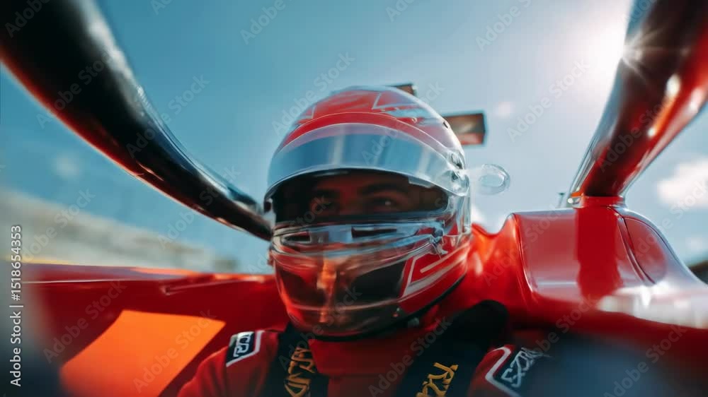 Close up view of a man racer in a racing helmet during a formula 1 speed car race. Professional driver in race car on track footage.