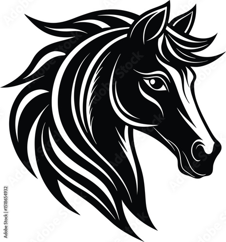Elegant Stylized Horse Head Vector – Black Silhouette with Flowing Mane