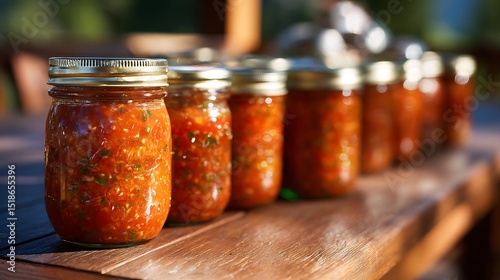 Vibrant photo of vibrant photo of mason jars filled with homemade canned tomato salsa are sealed and placed on a wooden table.