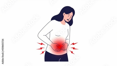 Young woman experiencing stomach pain while holding her abdomen  