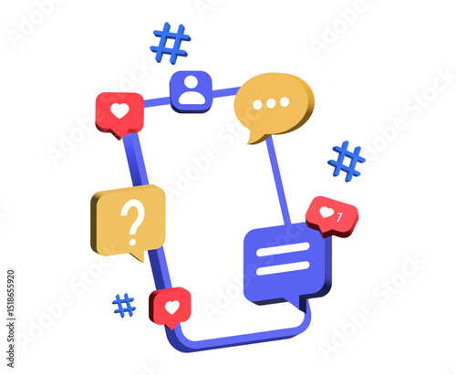 Mobile phone with chat message speech bubble icon. social media and social network online communication background, question mark, hashtag, love, like, comment, save icons - vector 3d smartphone