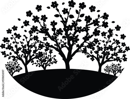 Blooming Cherry Orchard Silhouette | Spring Cherry Blossom Grove