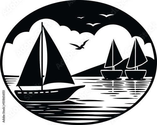 Bay With Sailboats Silhouette | Peaceful Sailing Bay Illustration