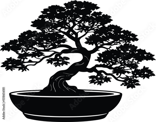 Bonsai In Shallow Pot Silhouette | Decorative Bonsai Plant Design