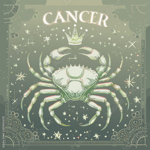 A vintage many colors variation zodiac poster featuring the Cancer crab wearing a princess crown, illustrated in an elegant baroque ink style