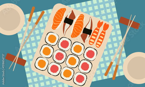 Sushi and rolls in a square plate on a checkered napkin. Asian cuisine. Delicious Japanese food. Top view