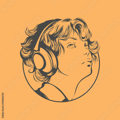 Vector illustration isolated from the background. Beautiful girl in headphones looks thoughtfully. The portrait is drawn with dark lines on a bright background. EPS is suitable for printing