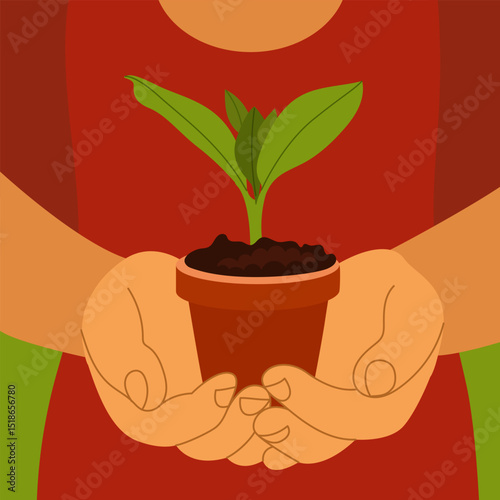 Someone in a red dress holding a houseplant in a brown pot. Ecology and conservation