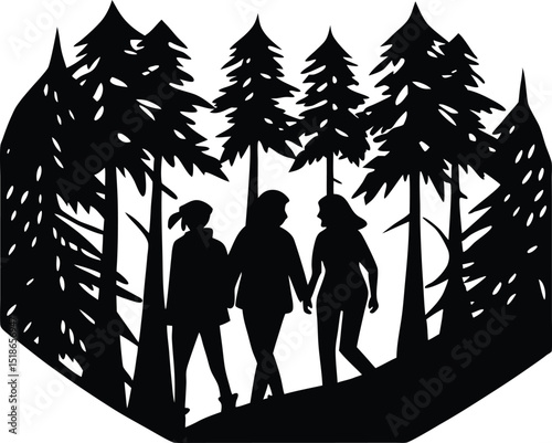Friends Walking In Woods Silhouette | Group Hiking In Forest
