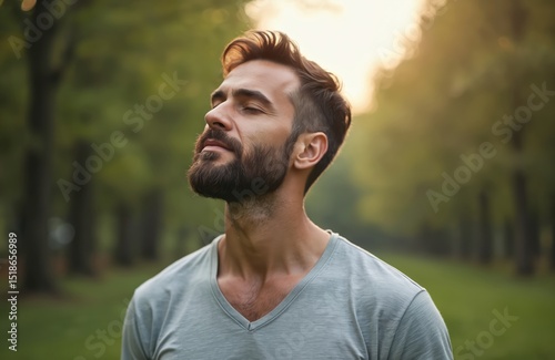 Man in nature breathing fresh air. Calm face, closed eyes, serene facial expression. Forest background, green trees, sunshine. Represents health, tranquility, connection with nature, mindful