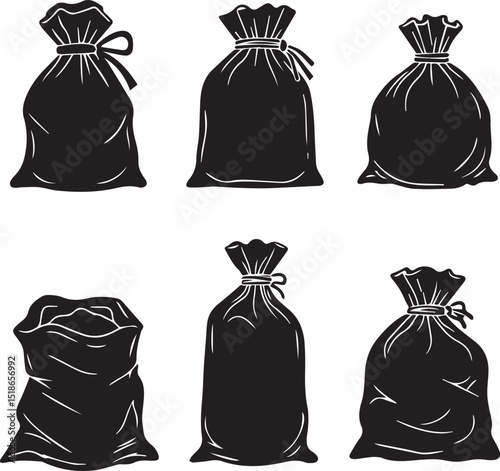Black and white vector illustration of sack bag collection for graphic design and creative projects silhouette