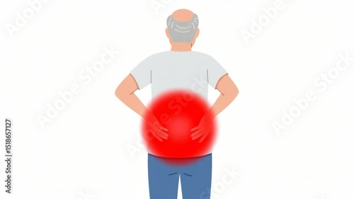 Elderly man experiencing back pain while standing against a white background  