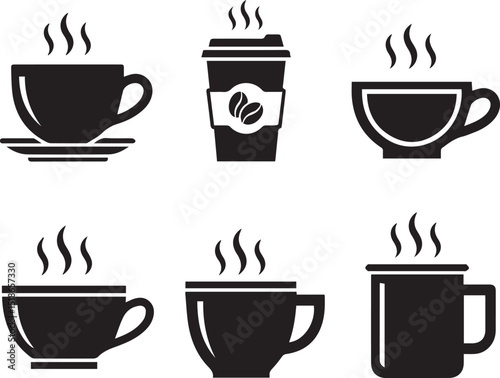 Black and white coffee cups and mugs vector illustration for cafe or restaurant menu design elements silhouette