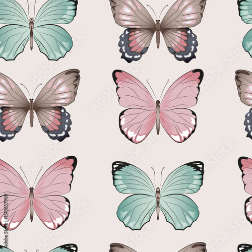 Set butterflies in various colors seamless pattern. Beautiful Butterfly vector illustration with wings spread out flying. Girly continuous background. Children's art.
