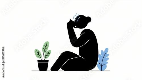 Woman sitting on the floor with knees up holding a cup next to plants  