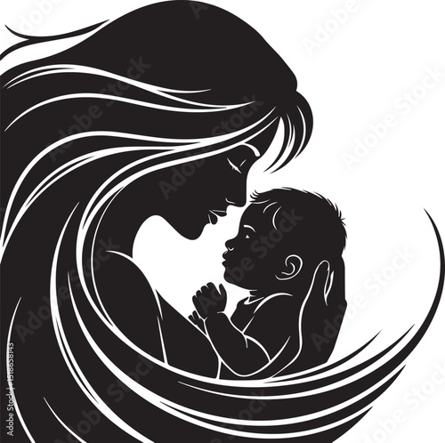 Mother and baby silhouette illustration for motherhood love and care concept design vector art