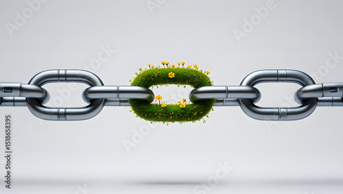 Strong metal chain link covered in lush green grass and yellow flowers
