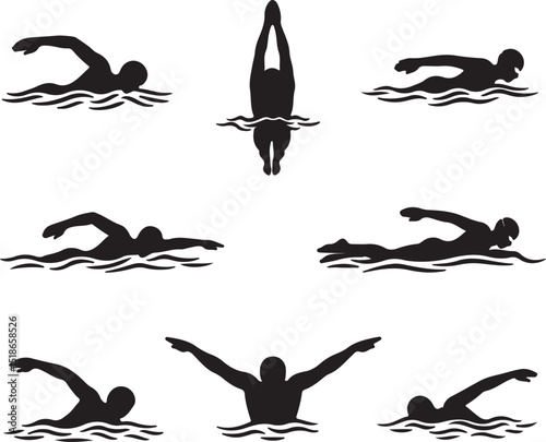 Swimming silhouettes vector art collection for pool activities and aquatic sports designs and illustrations