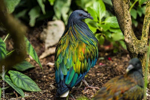 Close-Up of a Colorful Nicobar Pigeon with Iridescent Feathers in Tropical Habitat