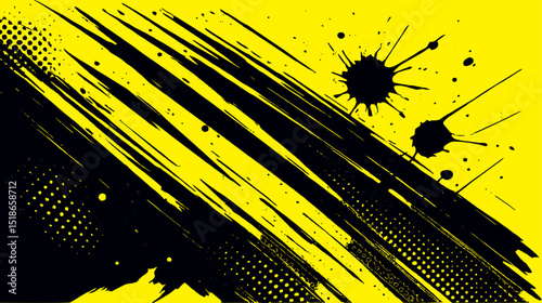 Dynamic black and yellow abstract background with grunge splatter, diagonal brush strokes, and halftone dots. Perfect for urban art, music posters, and edgy design projects..eps