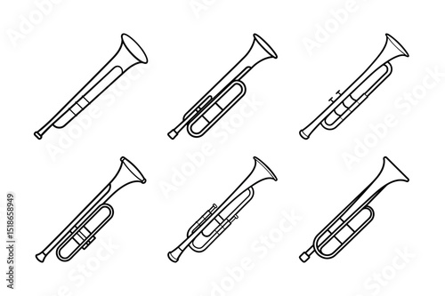 Trombone Outline Line Art Vector Set