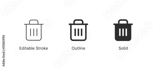 trash bin can icons styles in (Editable Stroke, Outline, Solid) in minimal vector design, perfect for UI/UX, digital apps, web interface. delete, remove, recycle, recycling functions, waste management