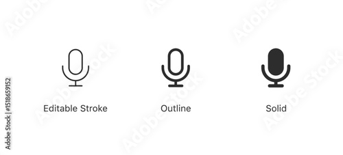 Microphone icon set vector mic icon symbol ; Podcast microphone web icon ; record, audio, sound, voice icons. editable stroke outline style for app user interface and web vector elements