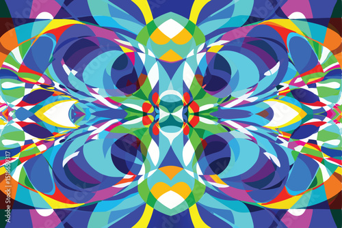 Abstract composition of overlapping colorful geometric shapes with transparent details