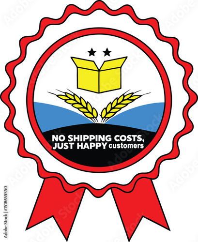 Colorful promotional badge illustration with free shipping offer and happy customer concept.
