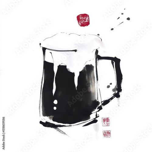 Beer mug with frothy top in sumi e style for artistic design and decor