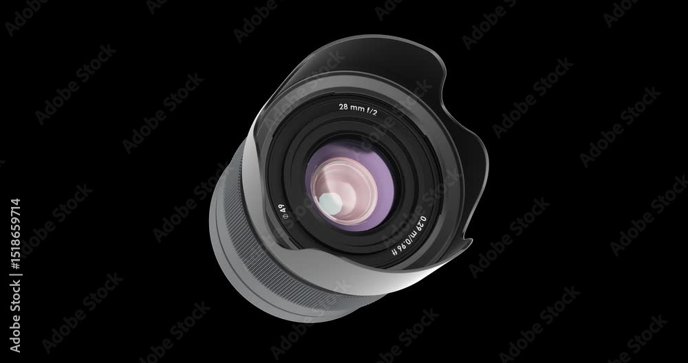 Large-aperture wide-angle prime lens, photography camera lens rotating. 3D Video Animation, Seamlessly Loopable. 3D rendering isolated on transparent background