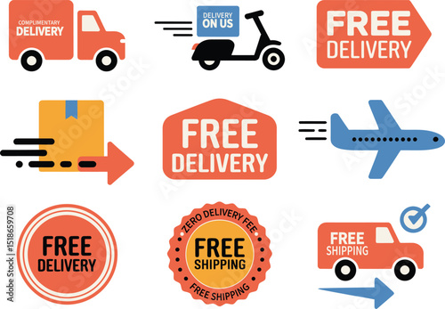 Variety of Free Delivery and Shipping Options Icons, Including Truck, Scooter, and Airplane.