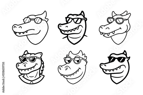 Crocodile Head with Headphone and Sunglasses Outline Drawing Vector Set