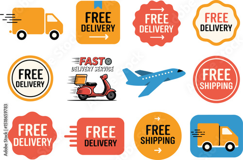 Collection of Flat Vector Delivery and Shipping Icons: Truck, Plane, Scooter, and Free Offers.