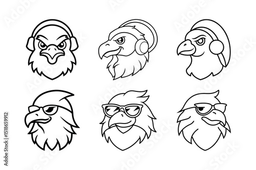 Eagle Head with Headphone and Sunglasses Outline Line Art Vector Set