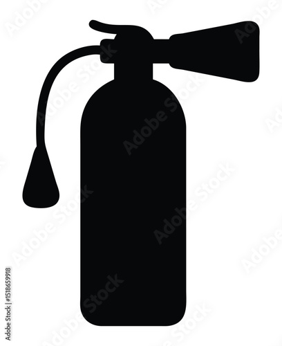 An illustration featuring a black fire extinguisher sign silhouette set against a clean white background depicting a fire extinguisher with a hose and nozzle.
