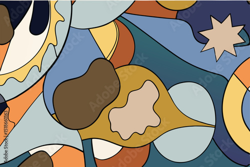 Abstract geometric artwork with rounded shapes and bold black outlines