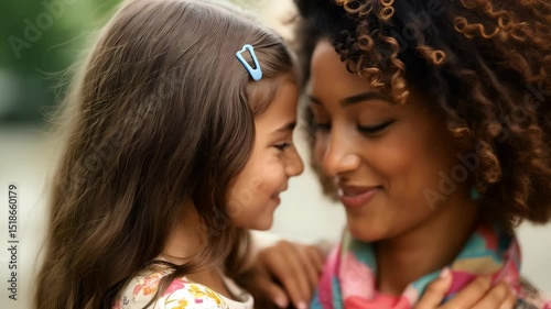 Mother and daughter smiling while sharing a tender moment outdoors  